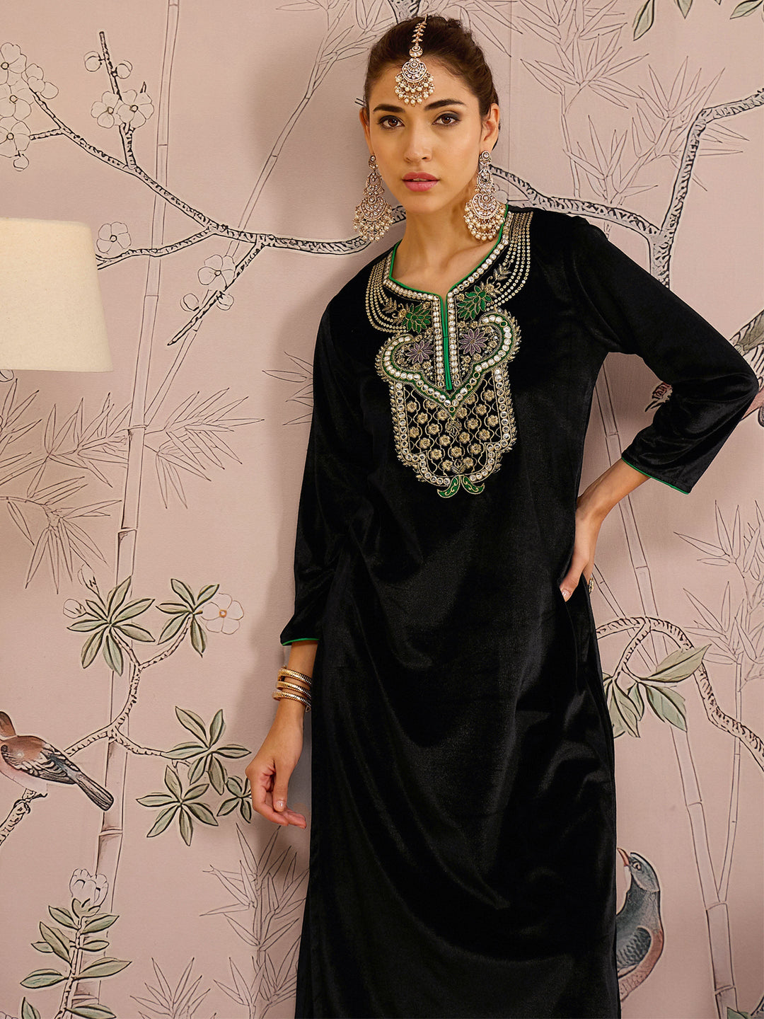 Black Velvet Front Embroidered Straight Kurta -Shae by SASSAFRAS
