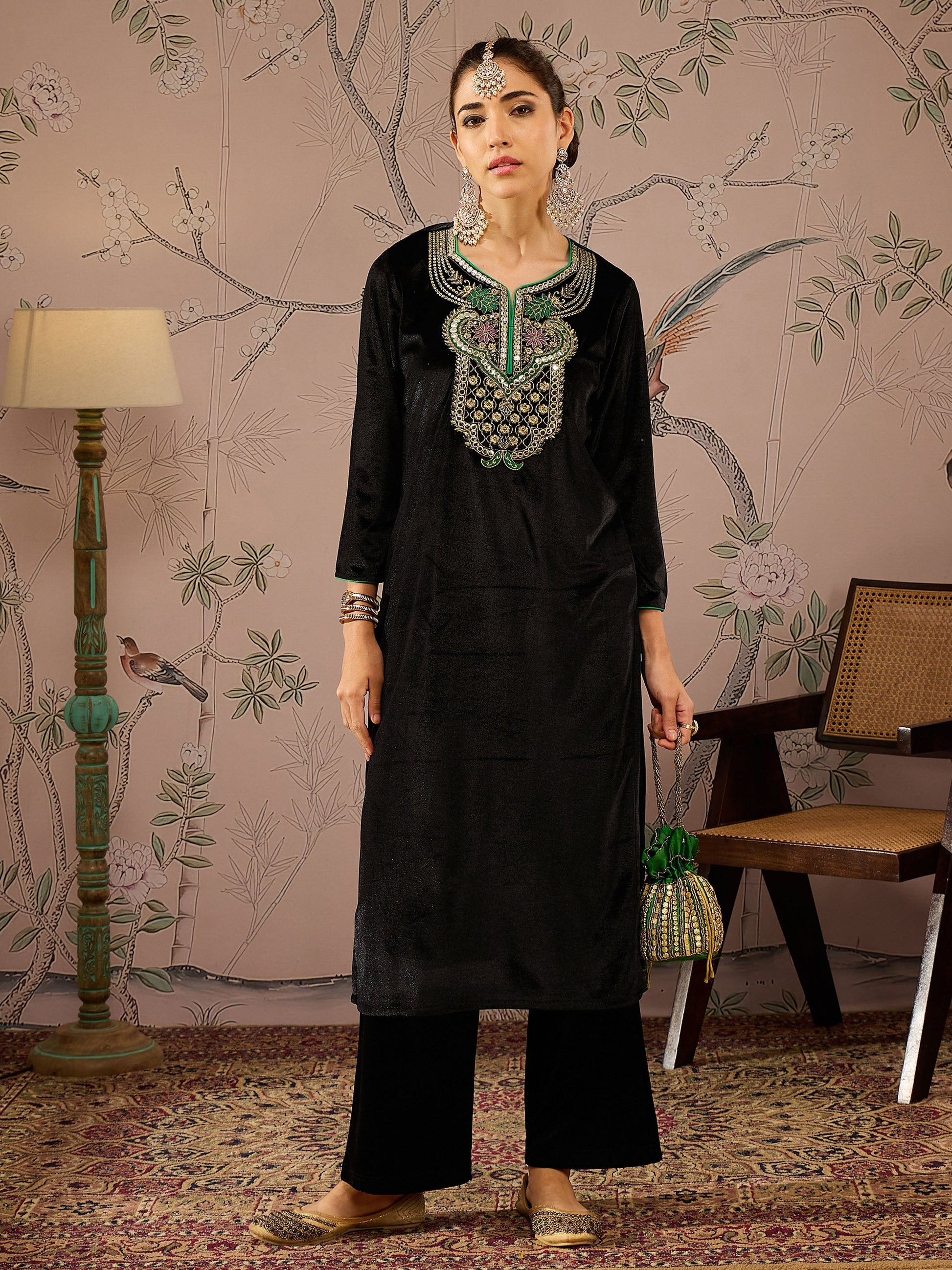 Women's Women Black Velvet Front Embroidered Kurta With Straight Pants in Velvet by Shae for wholesale, bulk, supplier, manufacturer and wholesaler buyers from Trendphoria
