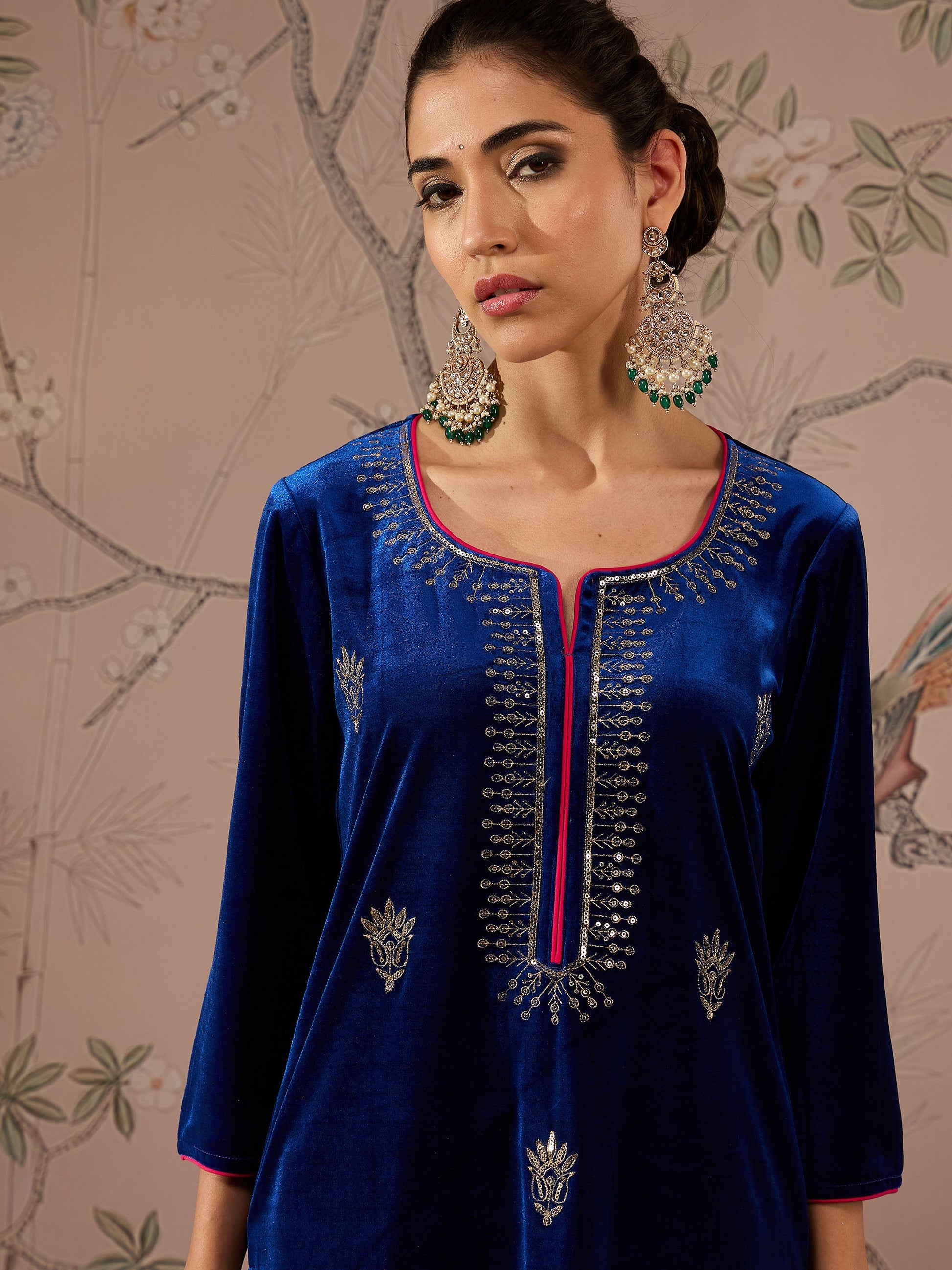 Royal Blue Velvet All Over Embroidered Straight Kurta -Shae by SASSAFRAS