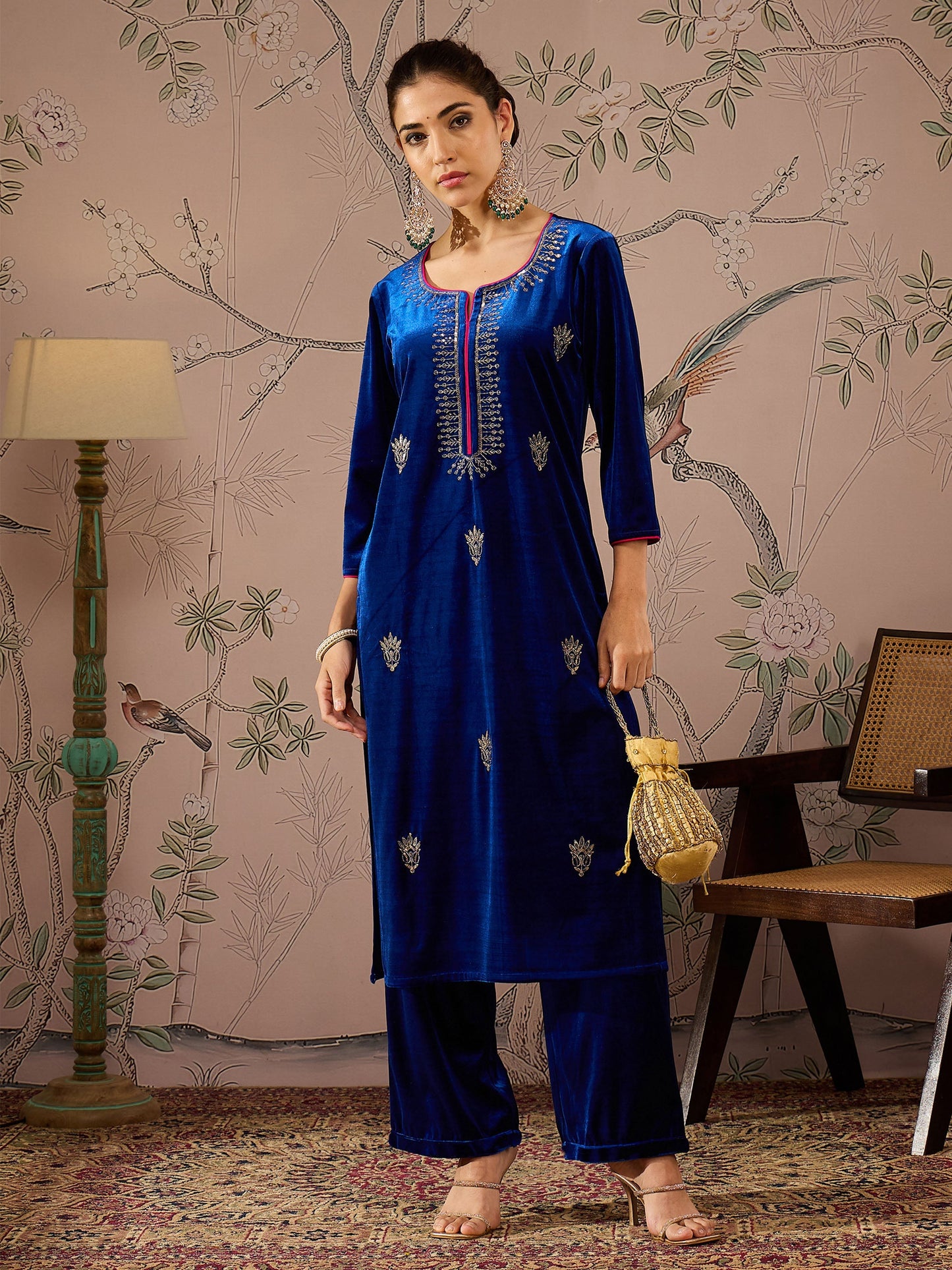 Women's Women Royal Blue Embroidered Kurta With Straight Pants in Velvet by Shae for wholesale, bulk, supplier, manufacturer and wholesaler buyers from Trendphoria