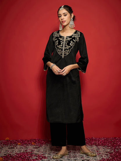 Women's Women Black Velvet Straight Embroidered Kurta in Velvet by Shae for wholesale, bulk, supplier, manufacturer and wholesaler buyers from Trendphoria
