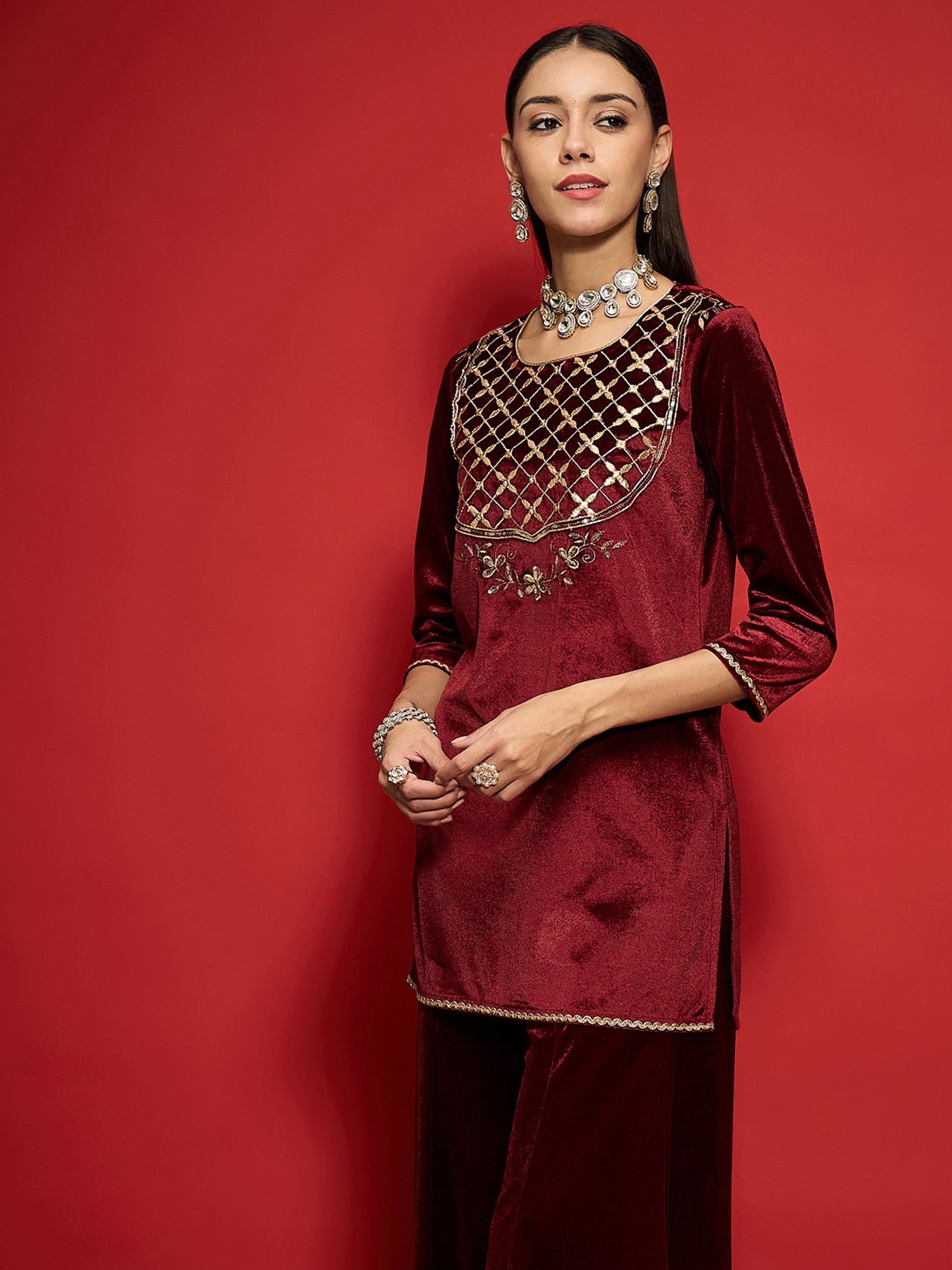 Maroon Velvet Front Embroidered Short Kurta-Shae by SASSAFRAS