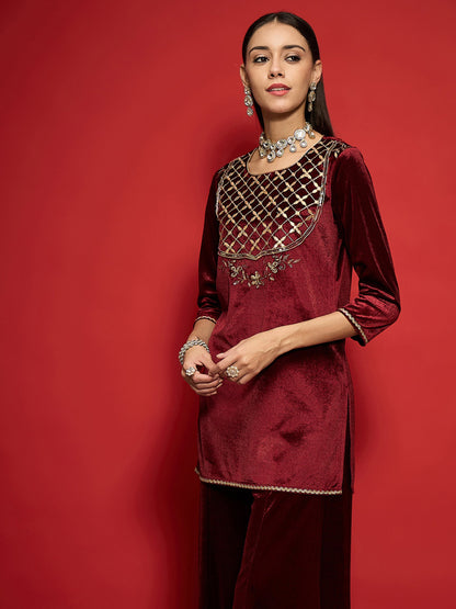 Maroon Velvet Front Embroidered Short Kurta-Shae by SASSAFRAS