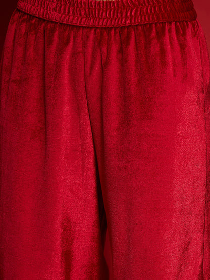 Red Velvet Embroidered Kaftan Kurta With Straight Pants -Shae by SASSAFRAS