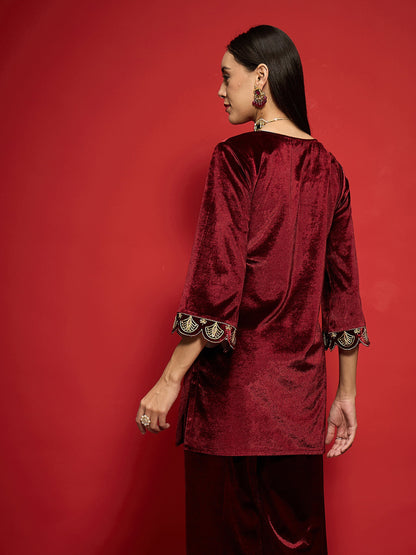 Maroon Velvet Embroidered V-Neck Short Kurta-Shae by SASSAFRAS