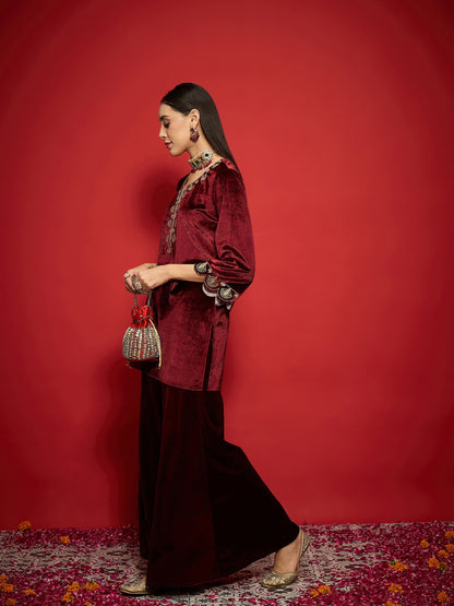 Maroon Velvet V-Neck Short Kurta With Palazzo Pants-Shae by SASSAFRAS