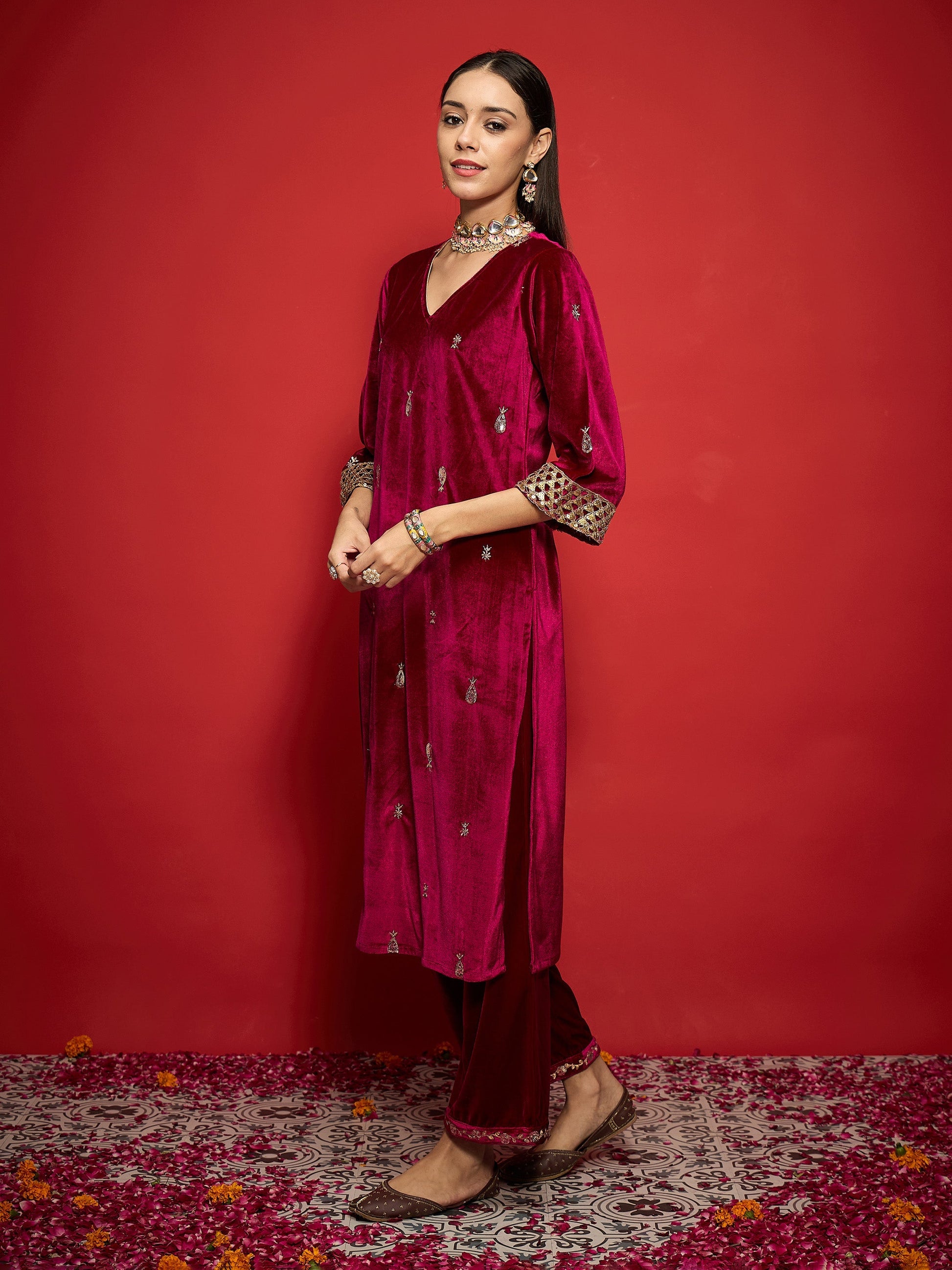 Fuchsia Velvet All Over Embroidered Straight Kurta-Shae by SASSAFRAS