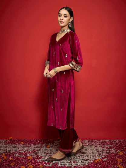 Fuchsia Velvet All Over Embroidered Straight Kurta-Shae by SASSAFRAS