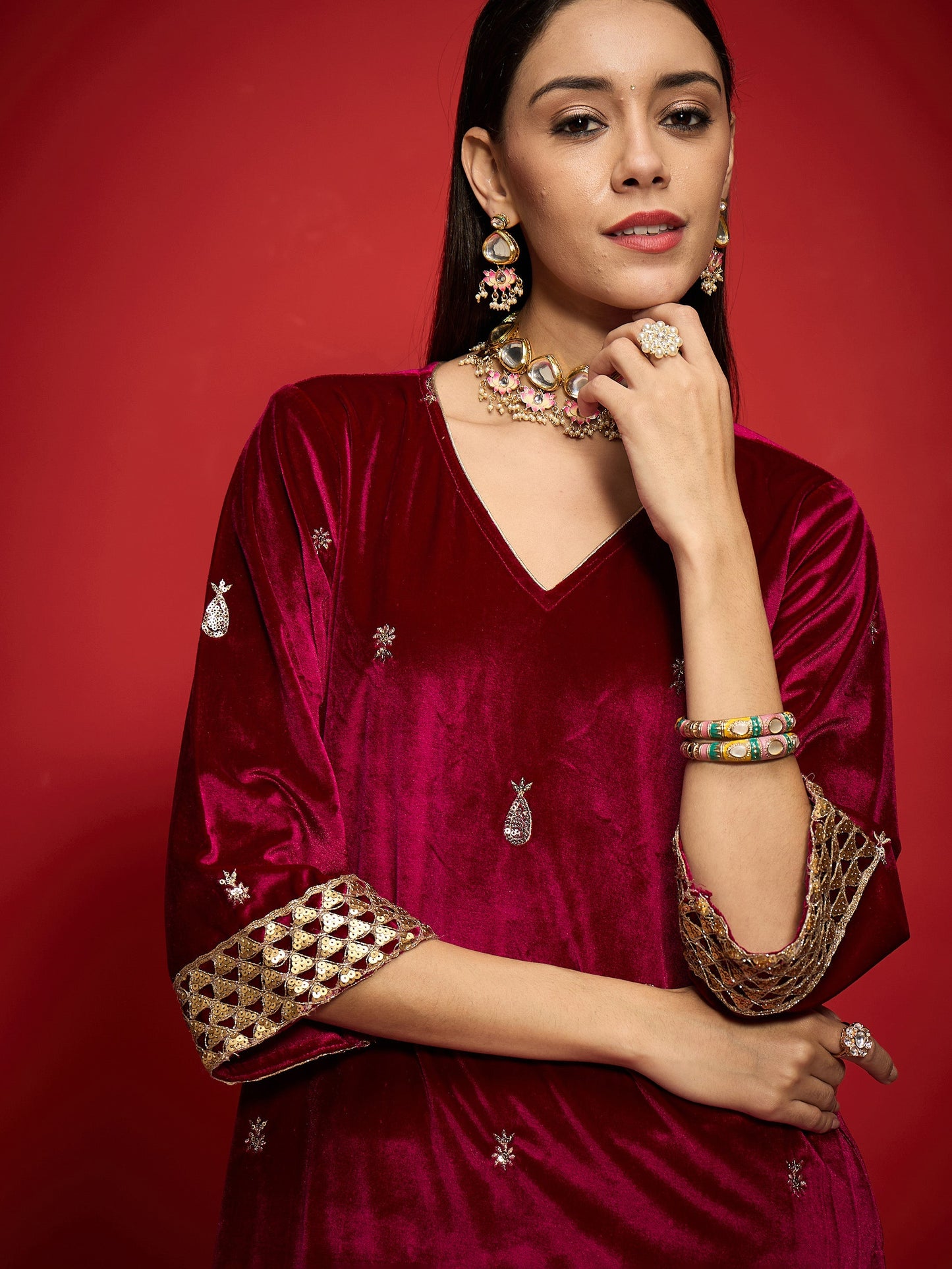 Fuchsia Velvet All Over Embroidered Straight Kurta-Shae by SASSAFRAS