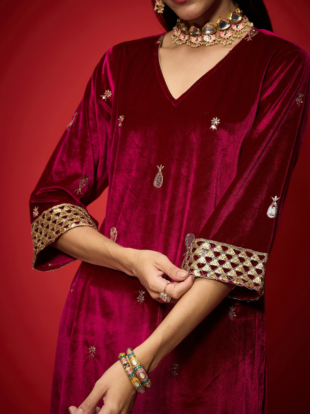 Fuchsia Velvet All Over Embroidered Straight Kurta-Shae by SASSAFRAS