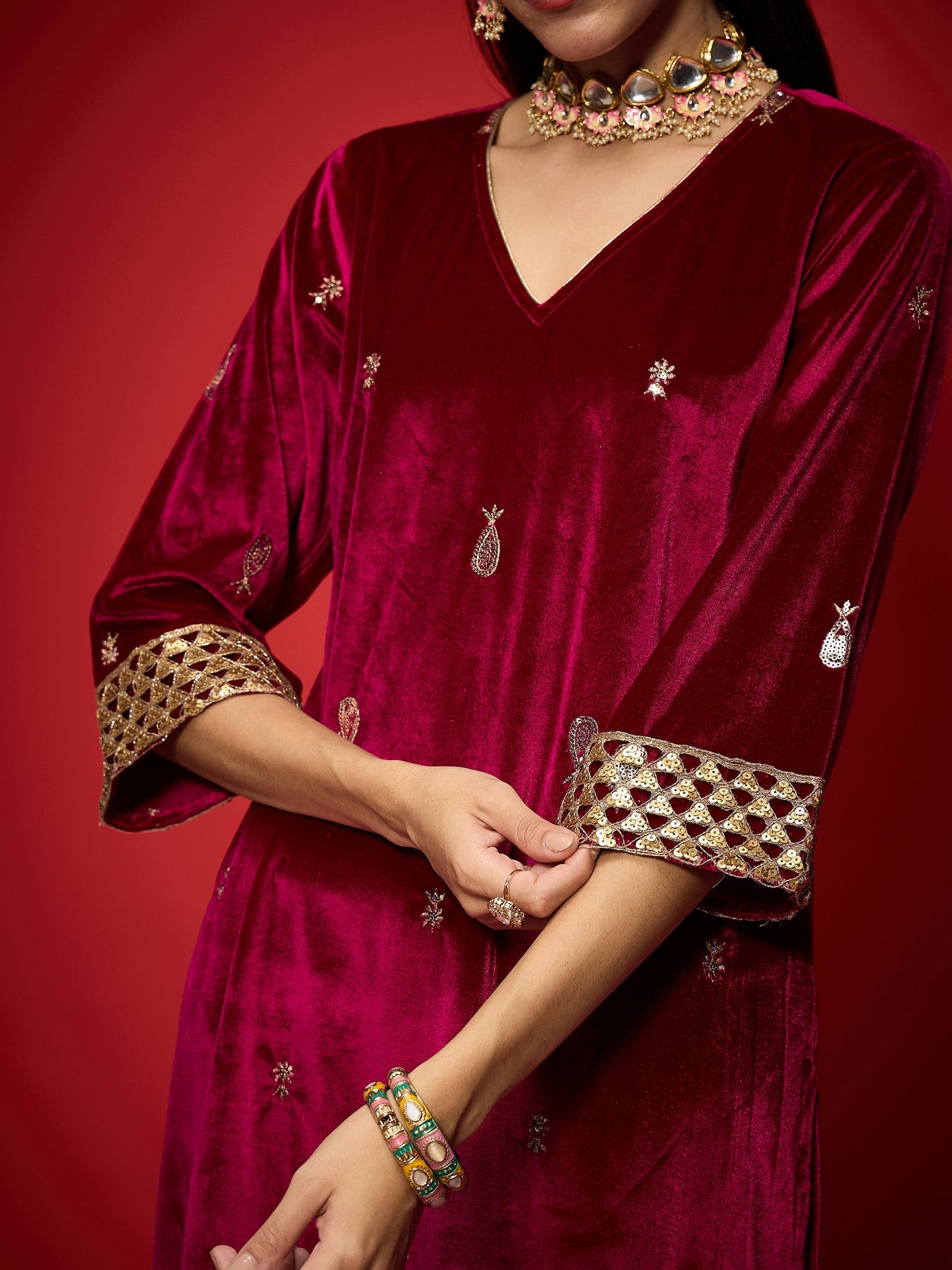 Fuchsia Velvet All Over Embroidered Straight Kurta-Shae by SASSAFRAS