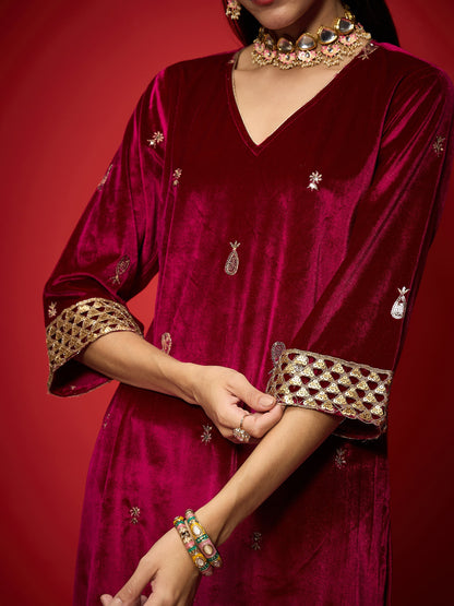 Fuchsia Velvet All Over Embroidered Straight Kurta-Shae by SASSAFRAS