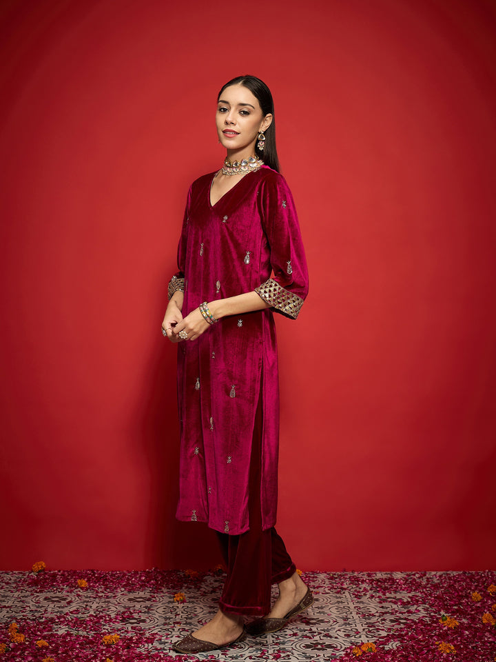 Fuchsia Velvet All Over Embroidered Kurta With Straight Pants -Shae by SASSAFRAS