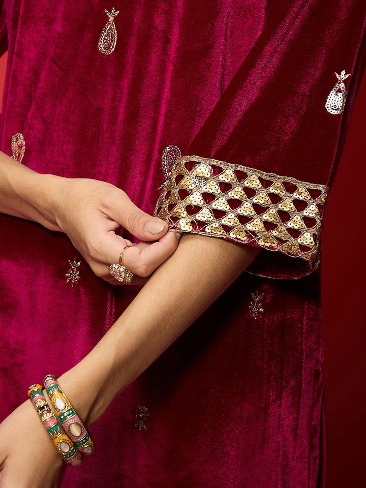Fuchsia Velvet All Over Embroidered Kurta With Straight Pants -Shae by SASSAFRAS
