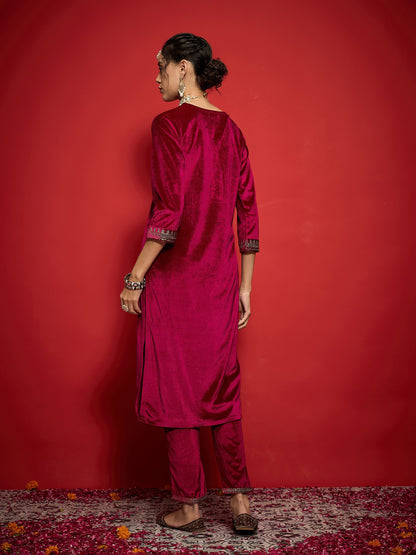 Fuchsia Velvet Embroidered Straight Kurta-Shae by SASSAFRAS
