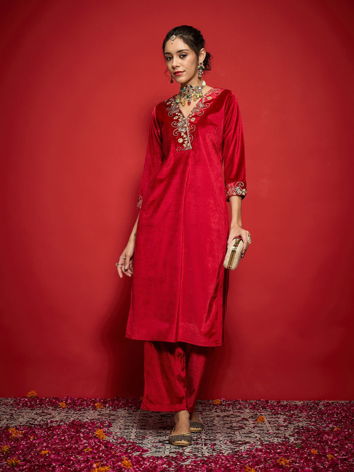 Red Velvet Embroidered V-Neck Straight Kurta-Shae by SASSAFRAS
