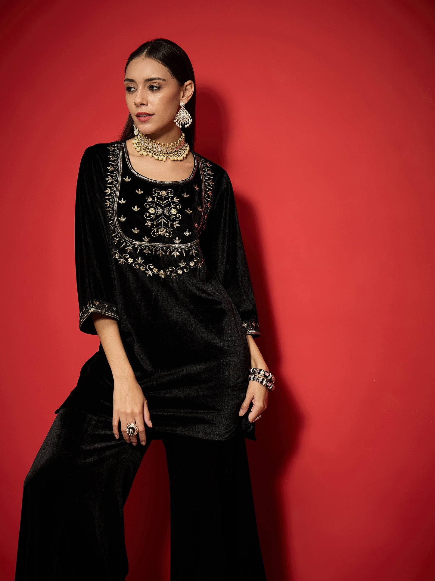 Women's Women Black Velvet Embroidered Round Neck Short Kurta in Velvet by Shae for wholesale, bulk, supplier, manufacturer and wholesaler buyers from Trendphoria