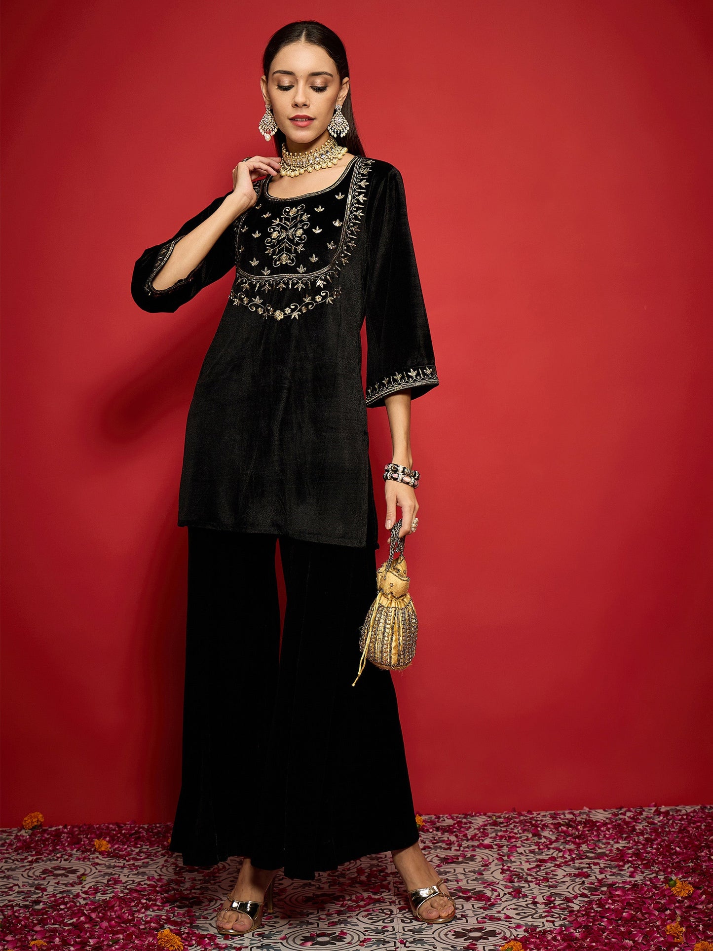 Women's Women Black Velvet Embroidered Short Kurta With Palazzo Pants in Velvet by Shae for wholesale, bulk, supplier, manufacturer and wholesaler buyers from Trendphoria