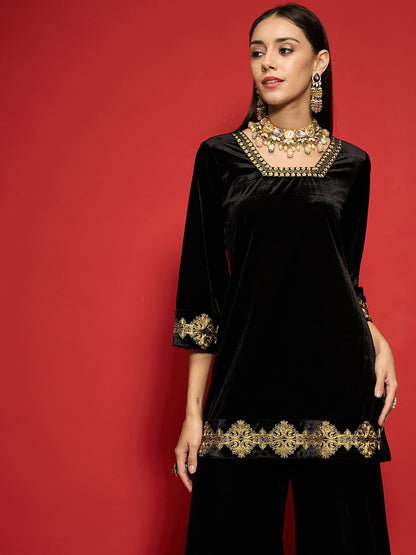 Women's Women Black Velvet Front Embroidered Glass Neck Short Kurta in Velvet by Shae for wholesale, bulk, supplier, manufacturer and wholesaler buyers from Trendphoria
