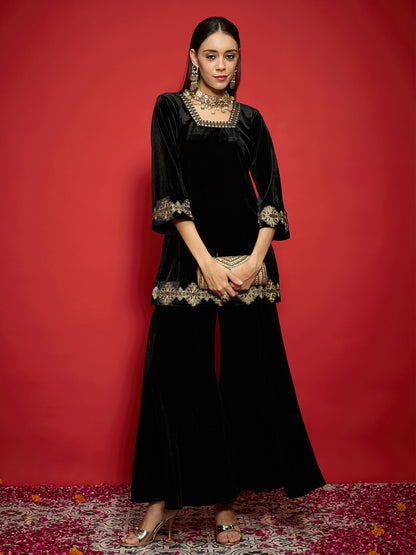 Women's Women Black Velvet Embroidered Glass Neck Short Kurta With Palazzo Pants in Velvet by Shae for wholesale, bulk, supplier, manufacturer and wholesaler buyers from Trendphori