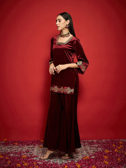 Maroon Velvet Front Embroidered Glass Neck Short Kurta-Shae by SASSAFRAS