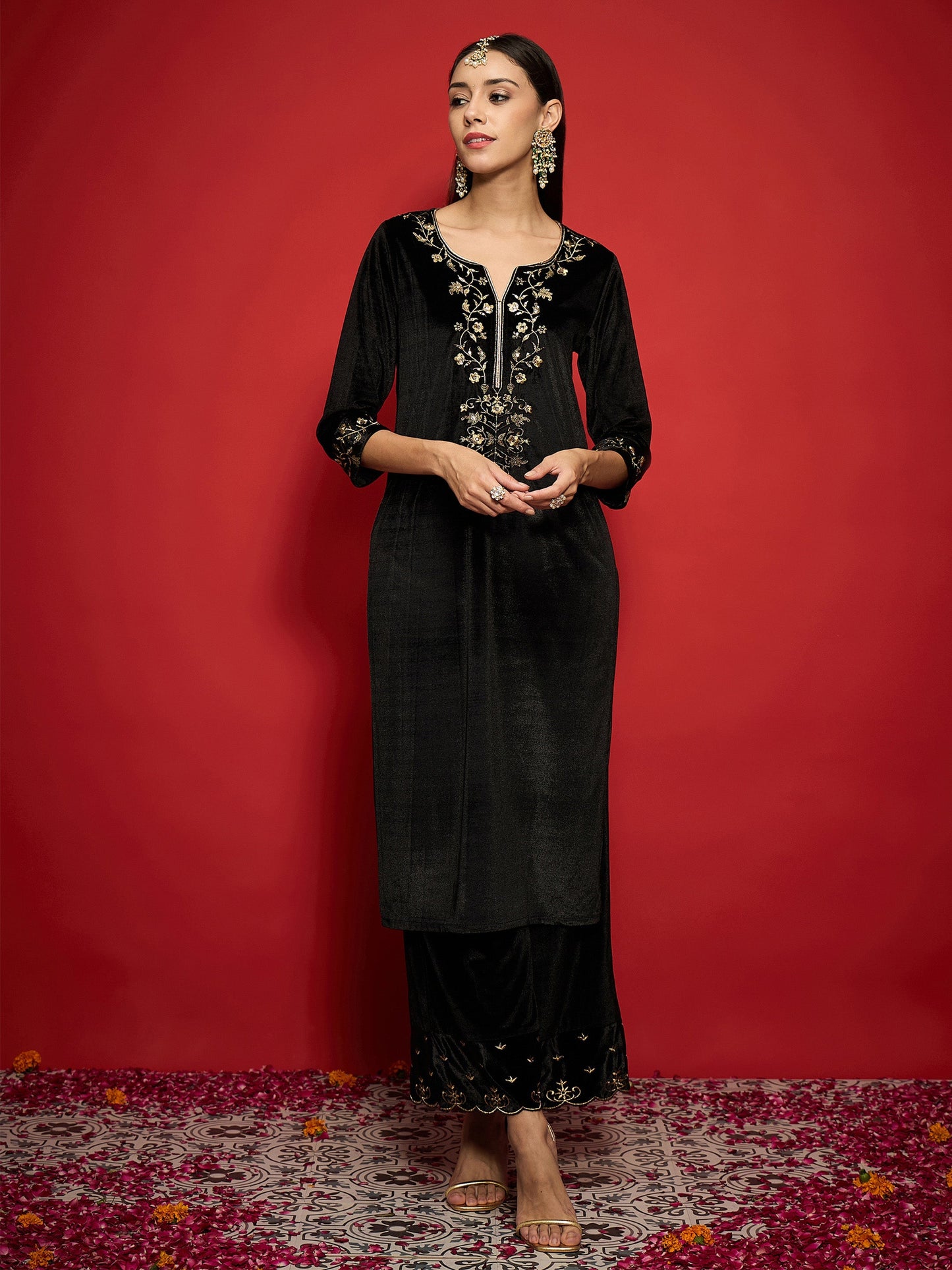 Women's Women Black Velvet Zari Embroidered Round Neck Straight Kurta in Velvet by Shae for wholesale, bulk, supplier, manufacturer and wholesaler buyers from Trendphoria