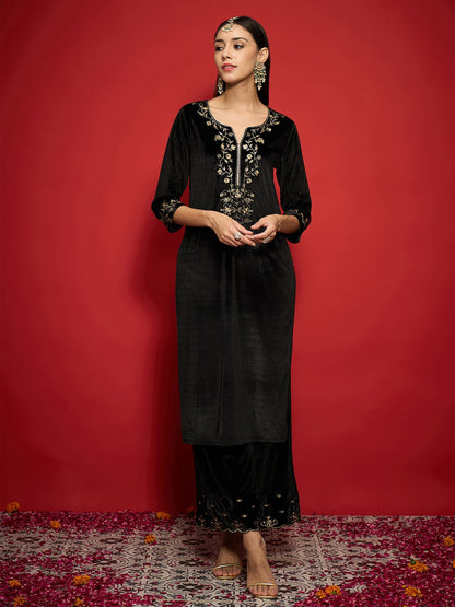 Women's Women Black Velvet Zari Embroidered Round Neck Straight Kurta in Velvet by Shae for wholesale, bulk, supplier, manufacturer and wholesaler buyers from Trendphoria