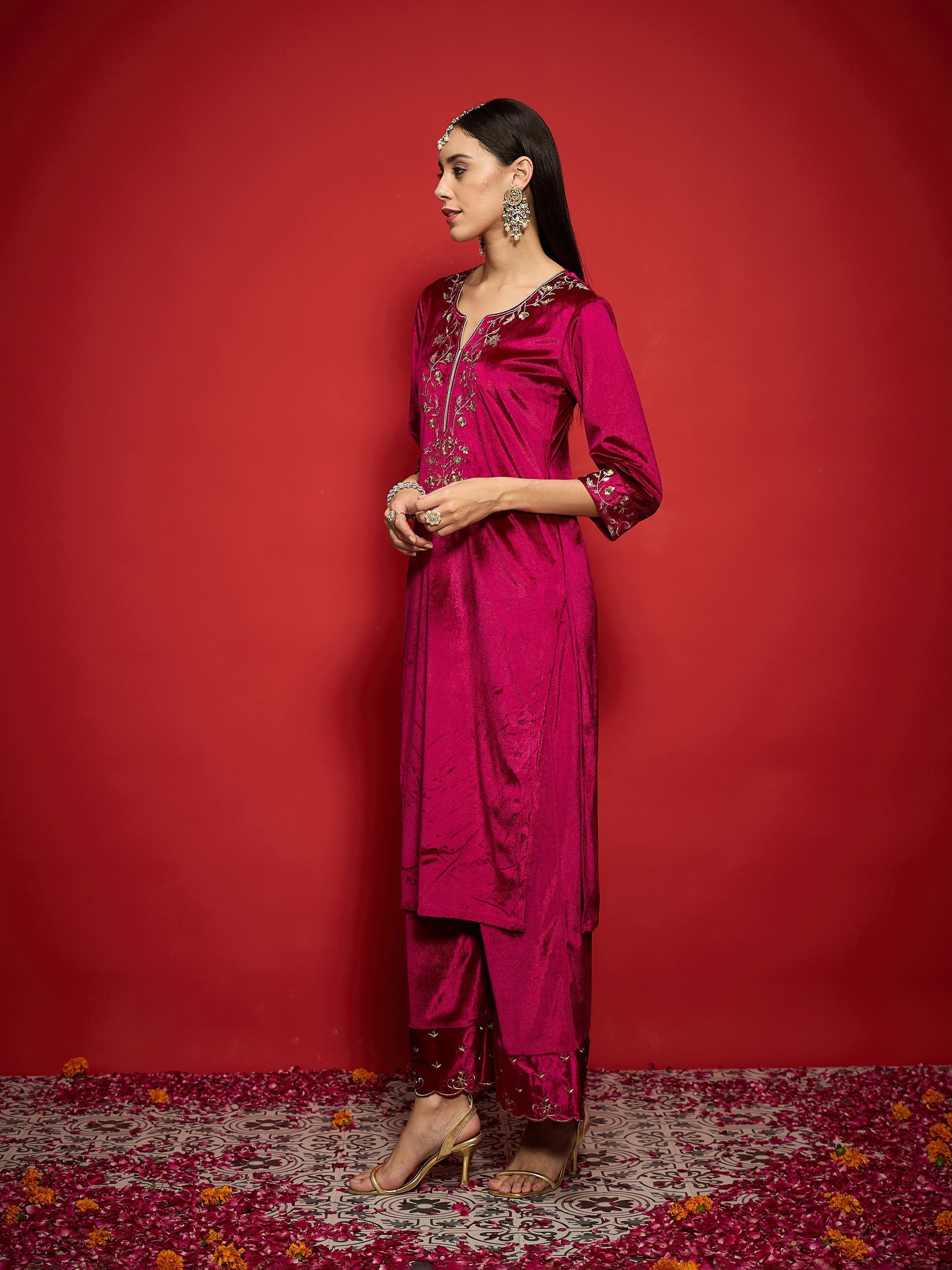 Fuchsia Velvet Zari Embroidered Round Neck Straight Kurta-Shae by SASSAFRAS