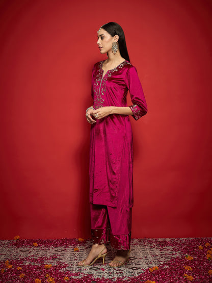 Fuchsia Velvet Zari Embroidered Round Neck Straight Kurta-Shae by SASSAFRAS