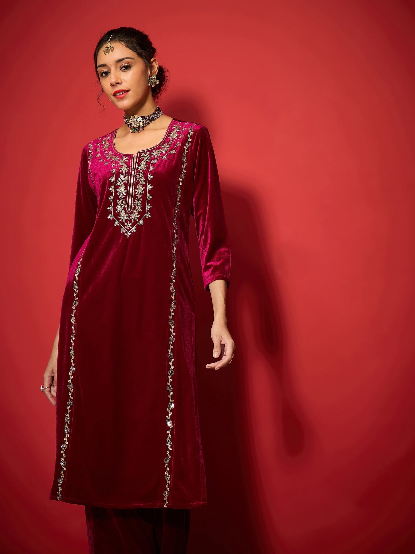 Women's Women Fuchsia Velvet Embroidered Round Neck Kurta in Velvet by Shae for wholesale, bulk, supplier, manufacturer and wholesaler buyers from Trendphoria