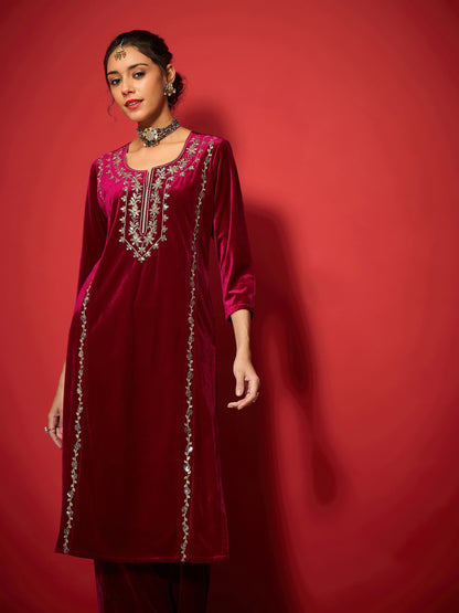 Women's Women Fuchsia Velvet Embroidered Round Neck Kurta in Velvet by Shae for wholesale, bulk, supplier, manufacturer and wholesaler buyers from Trendphoria