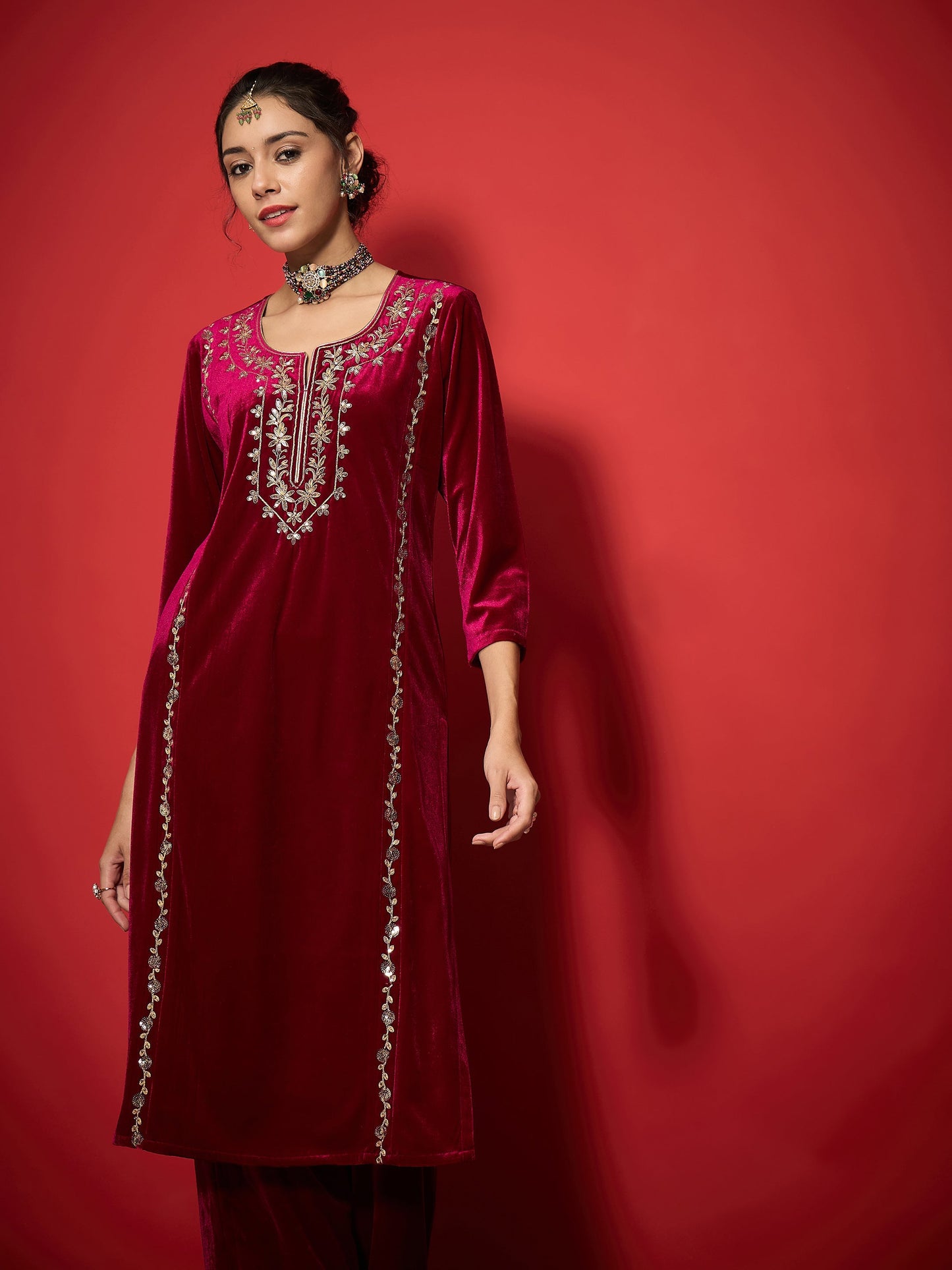 Fuchsia Velvet Embroidered Round Neck Kurta With Straight Pants -Shae by SASSAFRAS
