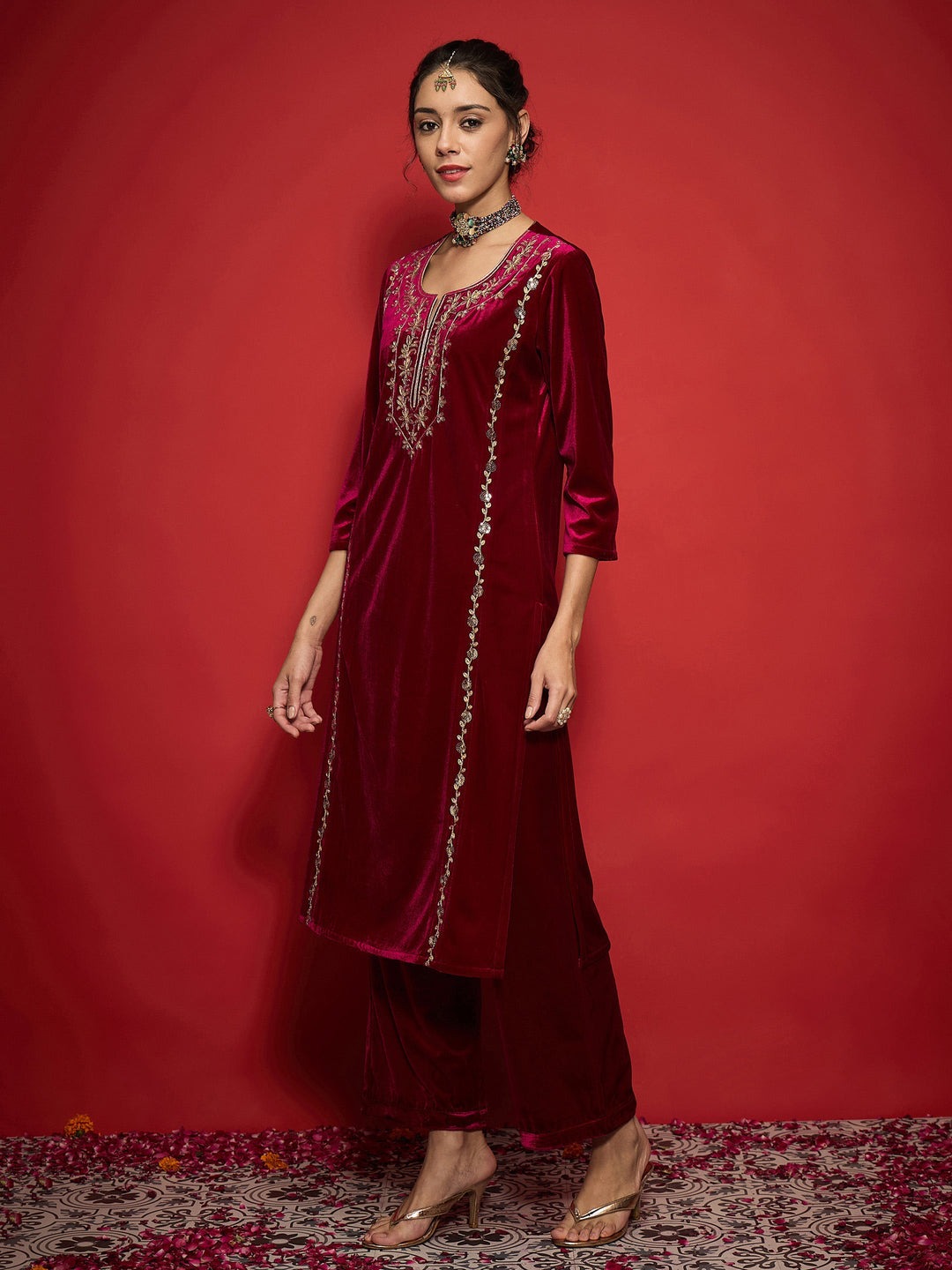 Fuchsia Velvet Embroidered Round Neck Kurta With Straight Pants -Shae by SASSAFRAS
