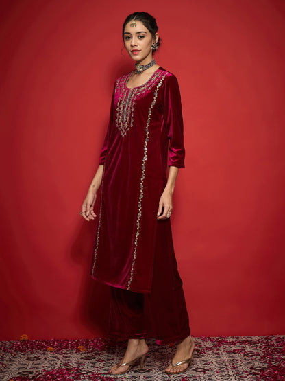 Fuchsia Velvet Embroidered Round Neck Kurta With Straight Pants -Shae by SASSAFRAS