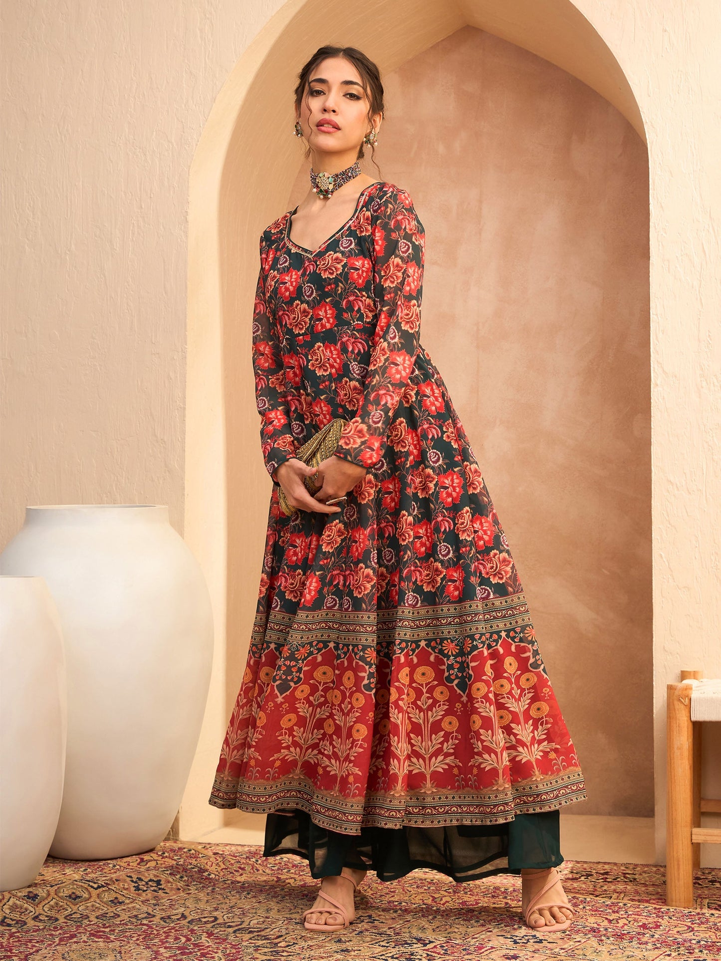 Green Floral Sweetheart Neck Anarkali Kurta