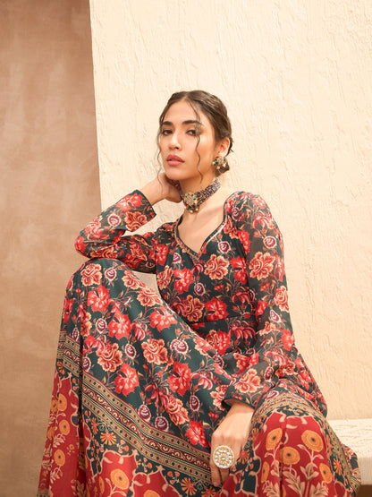 Green Floral Sweetheart Neck Anarkali Kurta