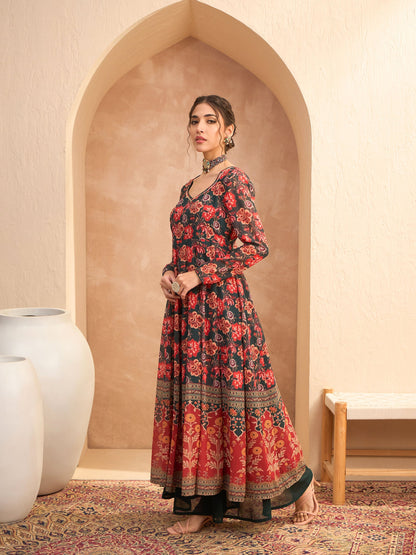 Green Floral Sweetheart Neck Anarkali Kurta
