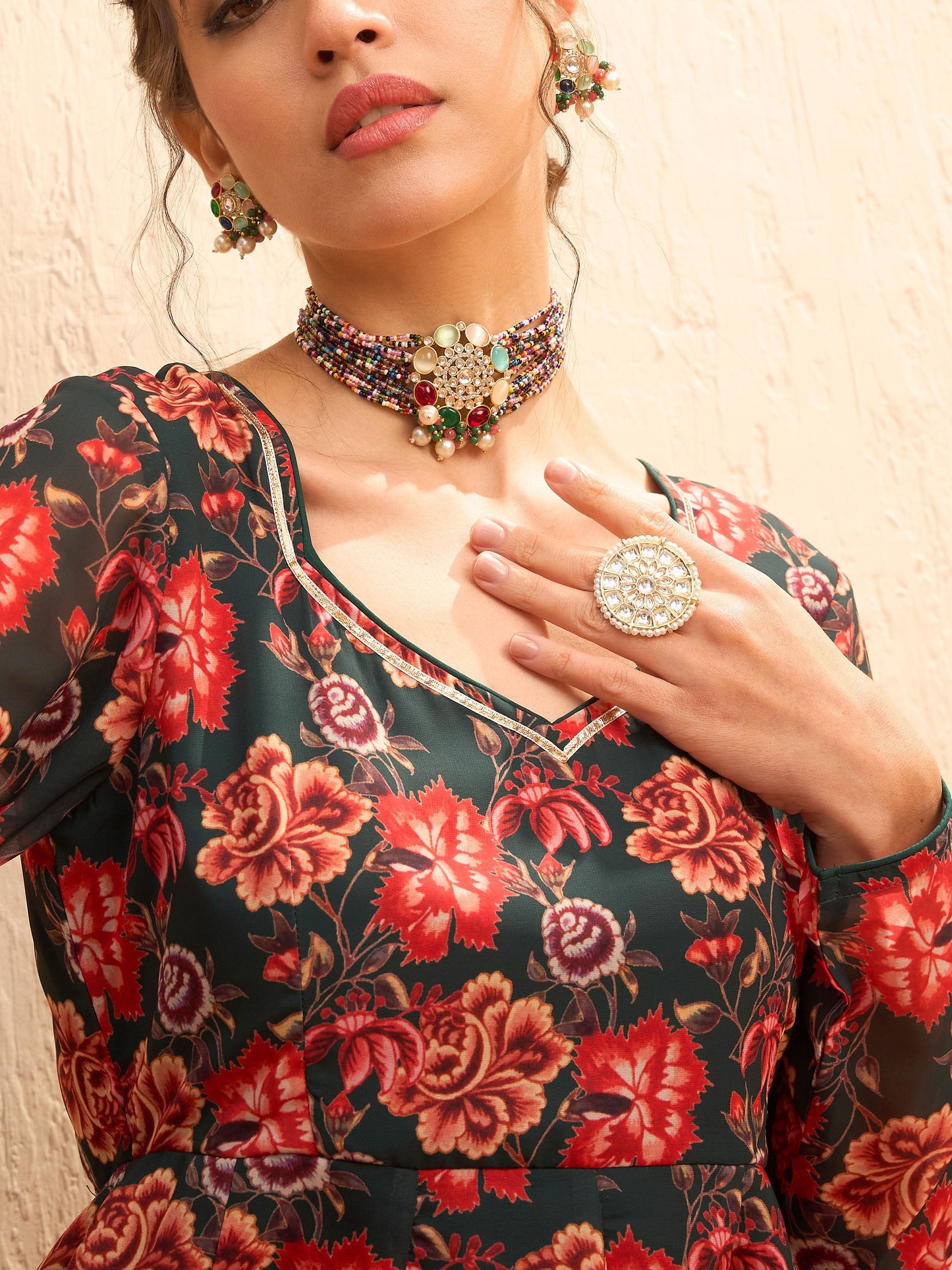 Green Floral Sweetheart Neck Anarkali Kurta