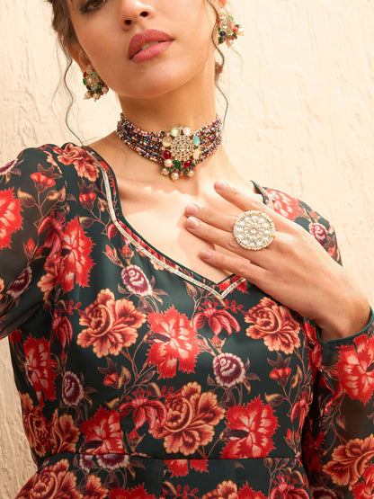 Green Floral Sweetheart Neck Anarkali Kurta