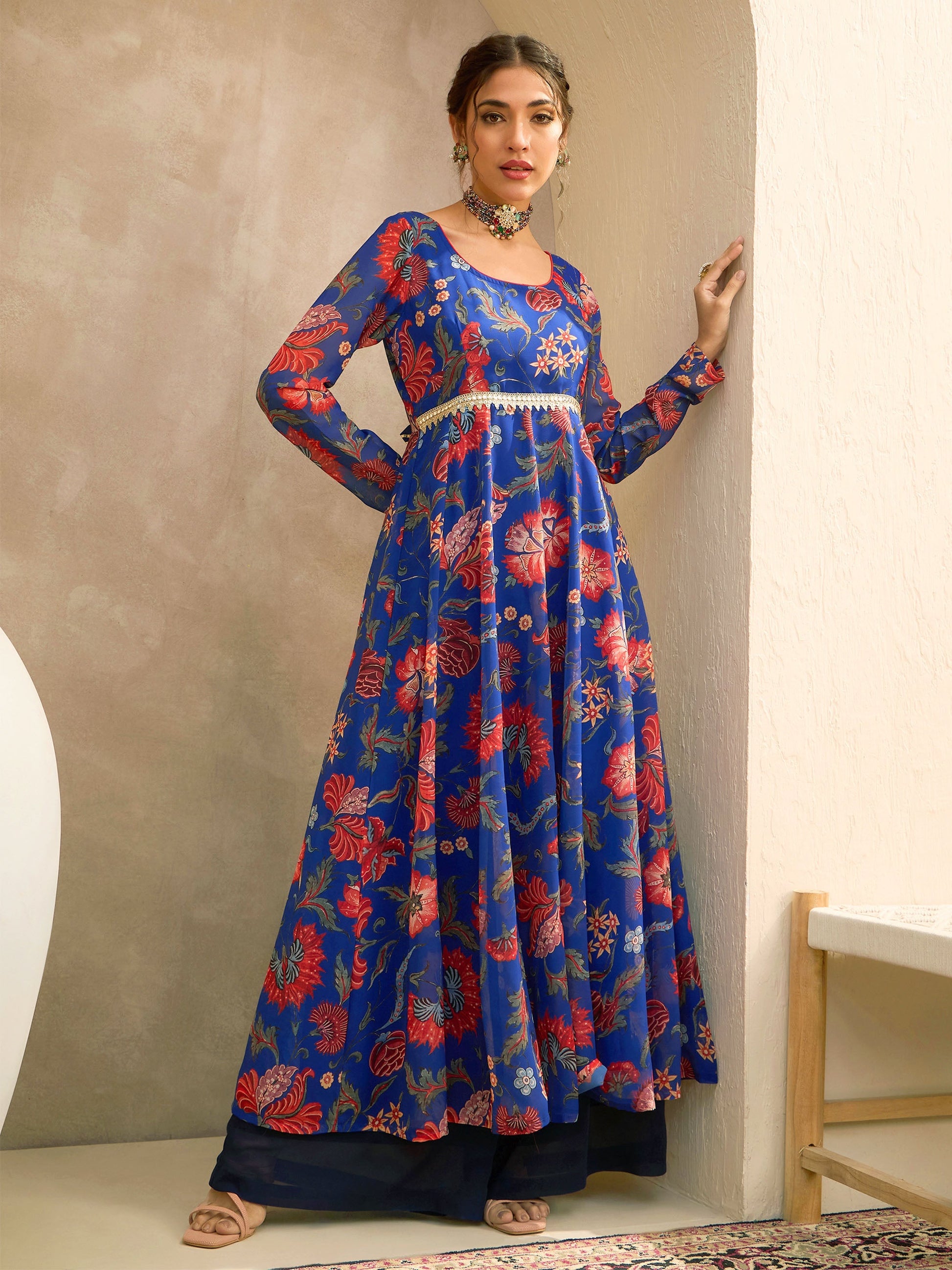 Women's Women Blue Floral Round Neck Anarkali Kurta in Georgette by Shae for wholesale, bulk, supplier, manufacturer and wholesaler buyers from Trendphoria