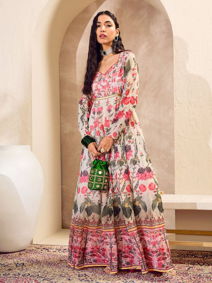 Off White Floral Sweetheart Neck Anarkali Kurta