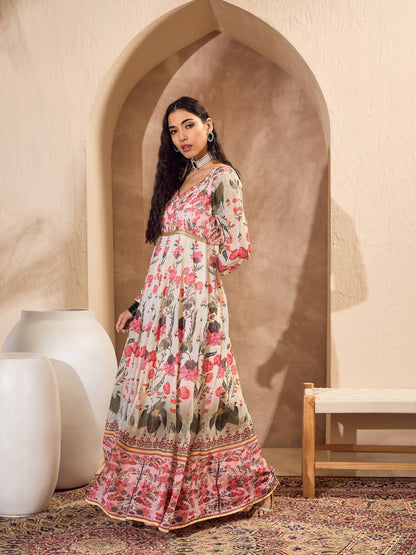 Off White Floral Sweetheart Neck Anarkali Kurta
