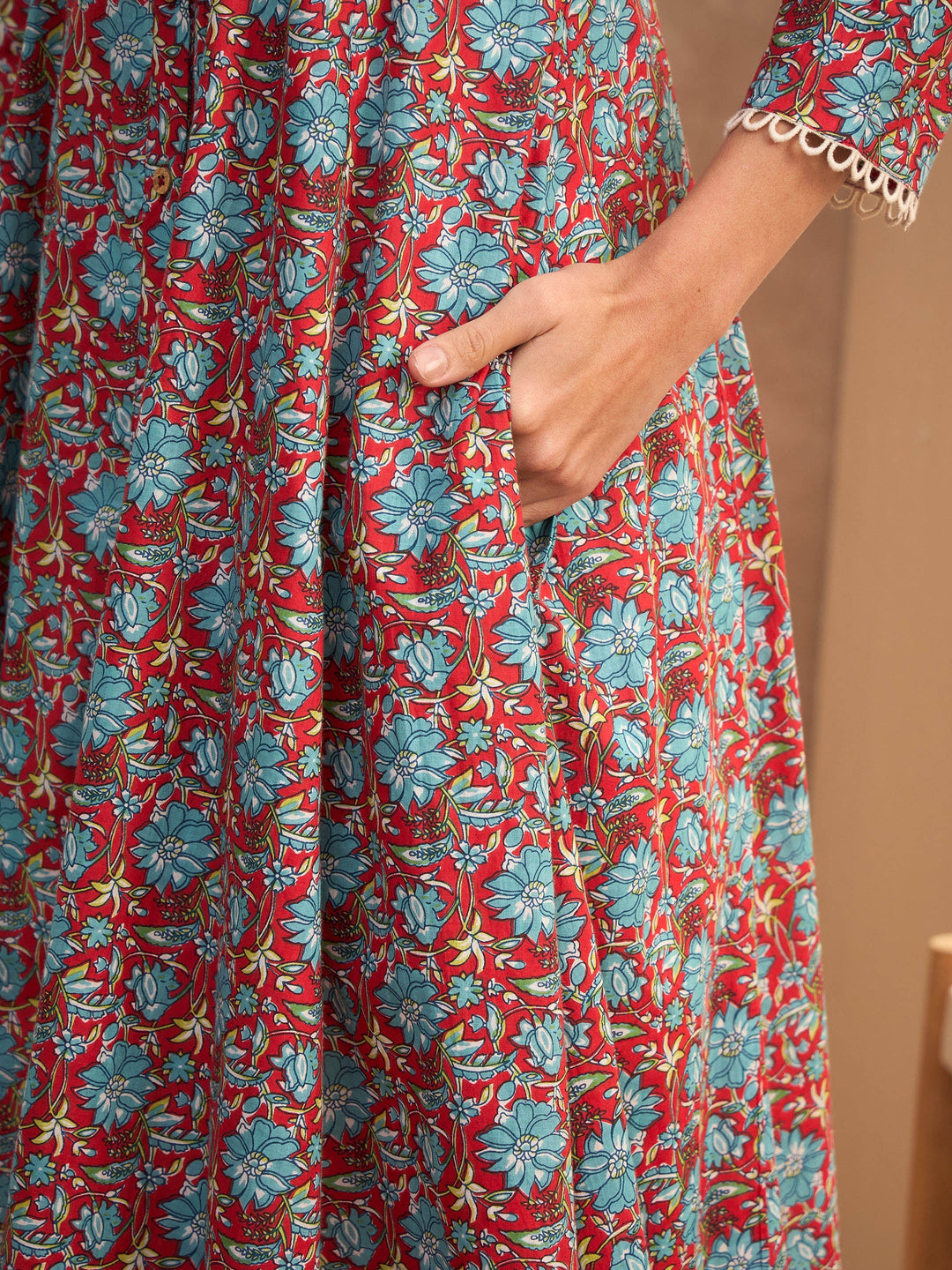 Red Floral Buttonned Pocket Kurta -Shae by SASSAFRAS