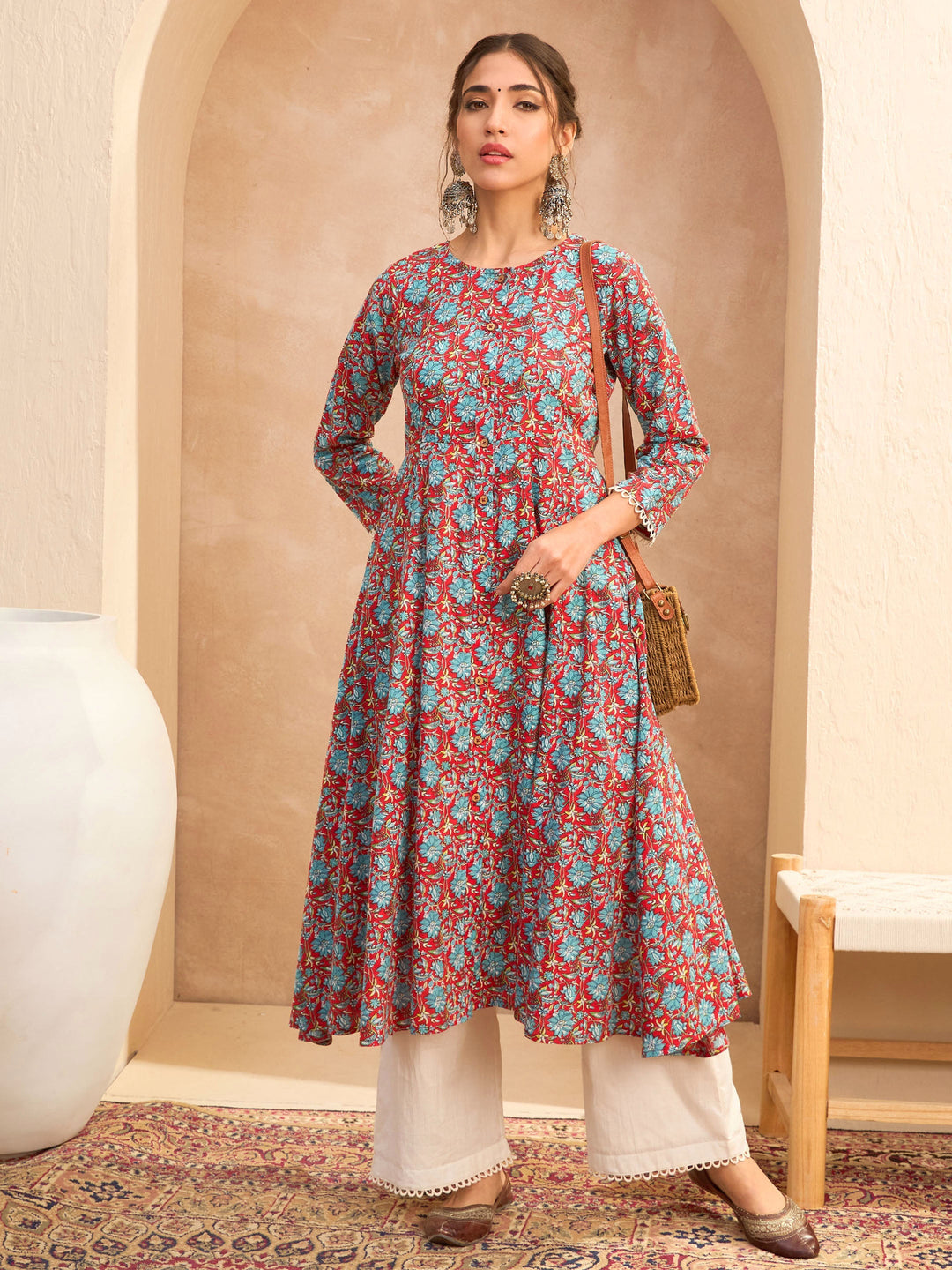Red Floral Buttonned Pocket Kurta With Straight Pants -Shae by SASSAFRAS