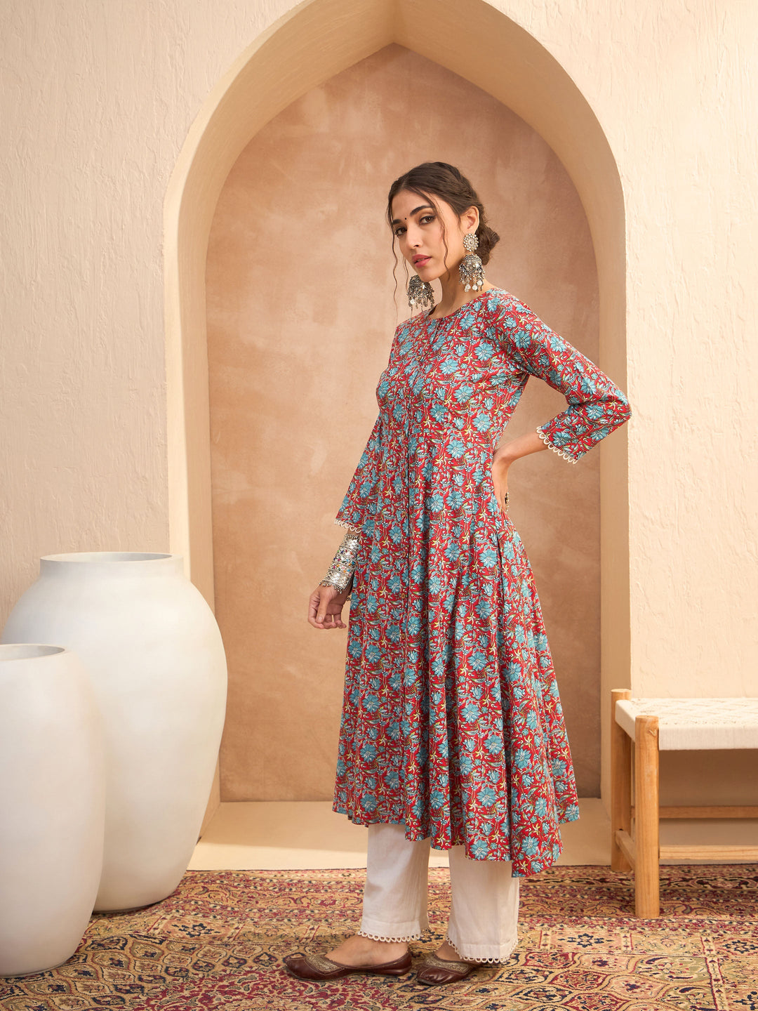 Red Floral Buttonned Pocket Kurta With Straight Pants -Shae by SASSAFRAS