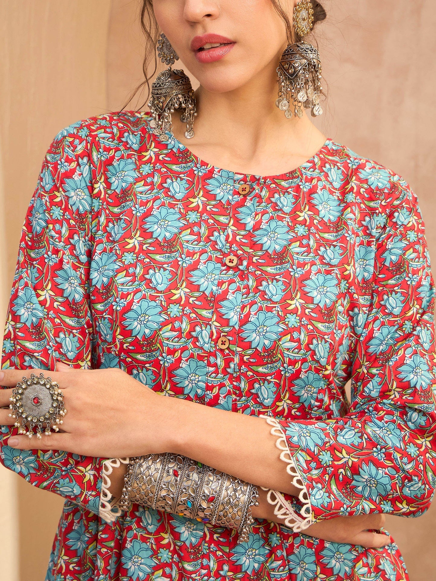 Red Floral Buttonned Pocket Kurta With Straight Pants -Shae by SASSAFRAS