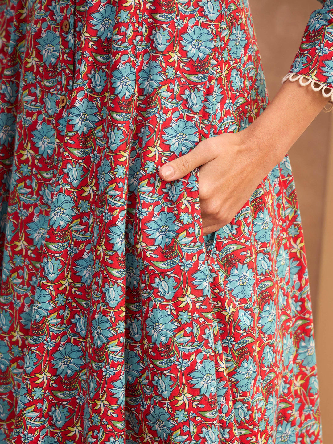 Red Floral Buttonned Pocket Kurta With Straight Pants -Shae by SASSAFRAS