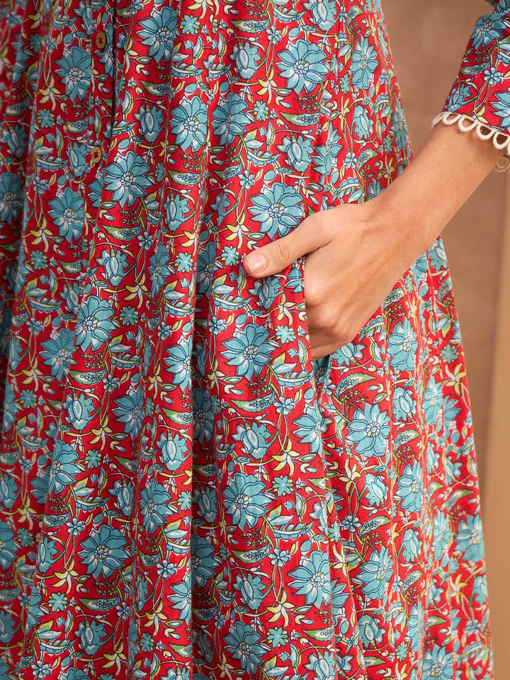 Red Floral Buttonned Pocket Kurta With Straight Pants -Shae by SASSAFRAS