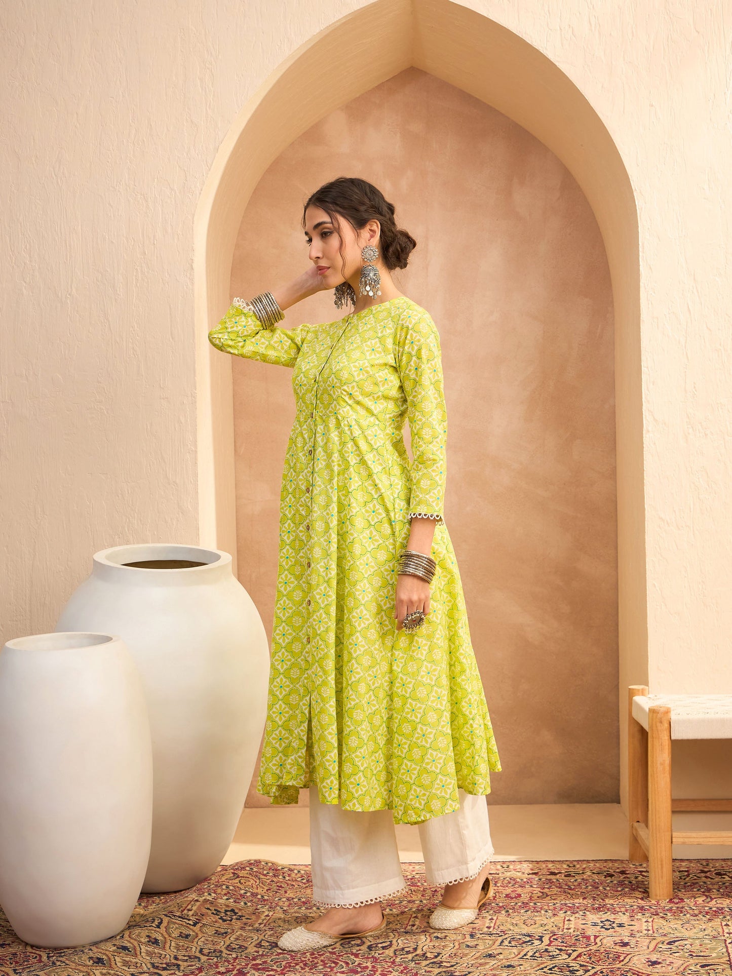 Lime Green Floral Buttonned Pocket Kurta With Straight Pants -Shae by SASSAFRAS