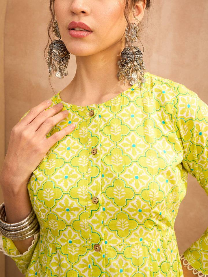 Lime Green Floral Buttonned Pocket Kurta With Straight Pants -Shae by SASSAFRAS